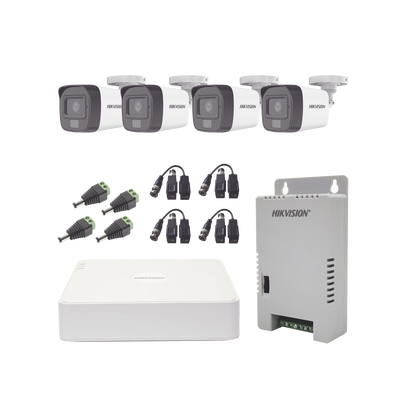Kit TURBOHD 1080p   DVR 4 Canales   4 Cámaras con Micrófono Integrado y 101° Visión   Luz Blanca + IR Visión Nocturna   Transceptores   Conectores   Fuente de Poder Profesional Compacta