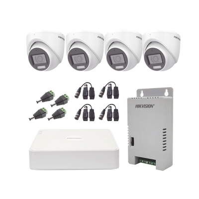 KIT TurboHD 1080p   DVR 4 Canales con audio por coaxitron   4 Cámaras con Micrófono y  106° Visión   luz blanca + IR visión nocturna    Transceptores   Conectores   Fuente de Poder Profesional
