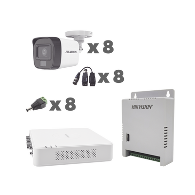KIT TurboHD 1080p   DVR 8 Canales con audio por coaxitron   8 Cámaras con Micrófono Integrado 101° Visión   luz blanca + IR visión nocturna    Transceptores   Conectores   Fuente de Poder Profesional