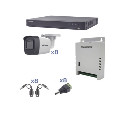 KIT TurboHD 1080p   DVR 8 Canales   8 Cámaras Bala (exterior 2.8 mm)   Transceptores   Conectores   Fuente de Poder Profesional hasta 15 Vcc para Larga Distancia
