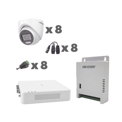 KIT TurboHD 1080p   DVR 8 Canales con audio por coaxitron   8 Cámaras con Micrófono Integrado 101° Visión   luz blanca + IR visión nocturna    Transceptores   Conectores   Fuente de Poder Profesional