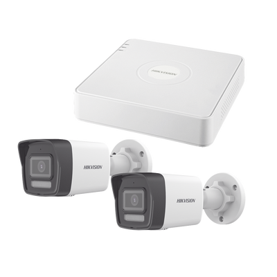 Kit IP 1080p (2 Megapixel)   NVR de 4 Canales con 4 Puertos PoE   2 Cámaras Bala IP con Microfono Integrado   ColorVu Lite y ACUSENSE Lite