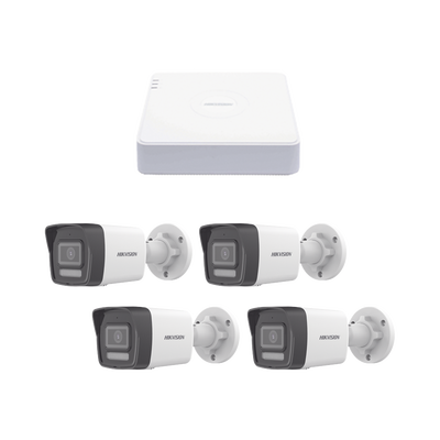 Kit IP 1080p (2 Megapixel)   NVR de 4 Canales con 4 Puertos PoE   4 Cámaras IP Bala ColorVu Lite y ACUSENSE Lite   Micrófono Integrado