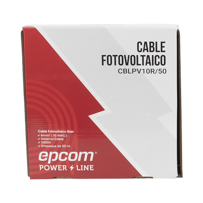 Kit de 2 rollos de 50 metros de cable fotovoltaico de cobre, rojo y negro, calibre 10 AWG (6mm²), Tipo PV,  1000 2000 V y 120°C.