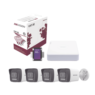 Kit IP 4 Megapixel   NVR de 4 Canales con 4 Puertos PoE   4 Cámaras IP Bala Dual Light (IR + Luz Blanca) con Microfono Integrado y ACUSENSE Lite para Exterior  Bobina de Cable de 100 mts   SSD de 1 TB