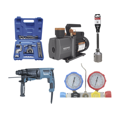 Kit profesional   Mini split   Bomba de vacío 2RS-2R-R32   Manómetro HBSBZ6   Kit Abocardado CT809   Rotomartillo HR2630J   Broca PSTC02003