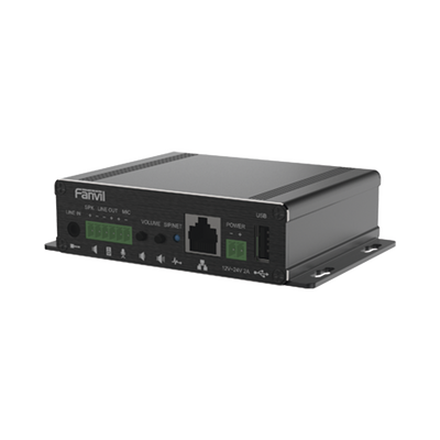 Gateway para Voceo IP SIP,  Entrada de audio (3.5mm), salida de amplificador integrado de hasta 30W, puerto USB (reproducción de MP3),