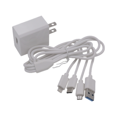 Cargador de pared USB de 5 Vcc 2A   Multi-puertos   USB-C   Micro USB   Tipo C   Lightning (iPhone)   Extensión de cable 1.2 metros