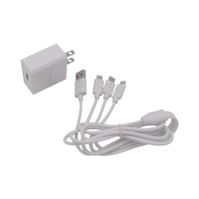 Cargador de pared USB de 5 Vcc 2A   Multi-puertos   USB-C   Micro USB   Tipo C   Lightning (iPhone)   Extensión de cable 1.2 metros