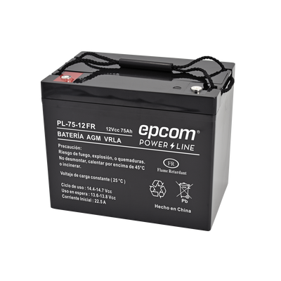 Batería 12 Vcc   75 Ah    UL   Tecnología AGM-VRLA   Retardante a la flama  Uso en: Aplicaciones fotovoltaicas   Terminales tipo M6    Cargador recomendado CHR-250.