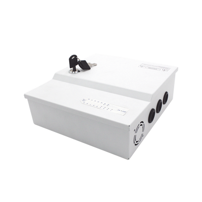 Fuente de poder profesional de 12 Vcc @ 16 A   para 16 cámaras   Con capacidad de batería de respaldo   Requiere batería   Voltaje de entrada de 96-264 Vca