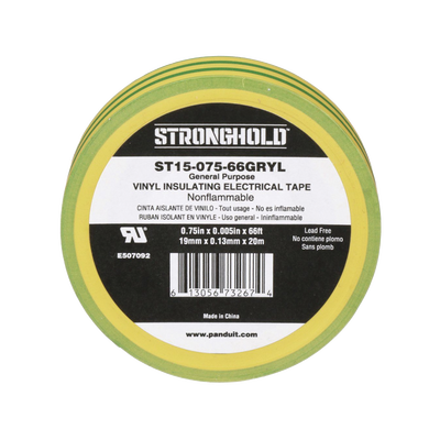Cinta Eléctrica STRONGHOLD para Aislar, de PVC, Uso Construcción General en Tierras Físicas, Grosor de 0.13 mm (5 mil), Ancho de 19.05 mm, y 20.12 m de Largo, Color Amarillo Verde.
