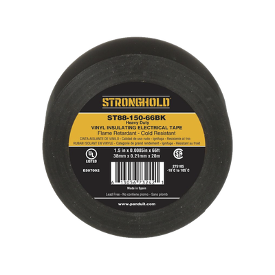 Cinta Eléctrica STRONGHOLD para Aislar, de PVC, Trabajo Pesado Eléctrico Industrial (Soporta UV, abrasión, agua, aceite y corrosión), Grosor de 0.21 mm (8.5 mil), Ancho de 38 mm, y 20 m de Largo, Uso Interior Exterior, Color Ne