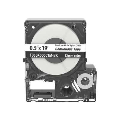 Casete de Etiquetas de Nylon de Cinta Continua, Color Negro Sobre Blanco, Uso Interior Exterior, 12 (0.5 in) mm de Ancho x 6 Metros de Largo