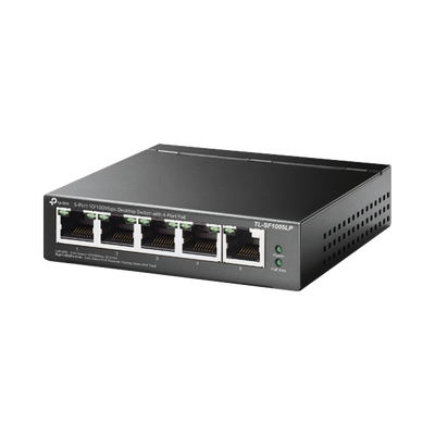 Switch PoE No Administrable de Escritorio   5 puertos 10 100 Mbps   4 puertos PoE af   Presupuesto 41 W   Modo extensor PoE hasta 250 metros   Calidad video prioritaria