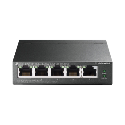 Switch PoE No Administrable de Escritorio   5 puertos 10 100 Mbps   4 puertos PoE af   Presupuesto 41 W   Modo extensor PoE hasta 250 metros   Calidad video prioritaria