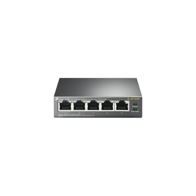 Switch PoE no Administrable de escritorio   5 puertos 10 100 Mbps   4 puertos PoE af at   Presupuesto 67 W   Modo Extensor hasta 250 m   Calidad video prioritaria