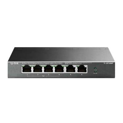 Switch PoE no Administrable de escritorio   6 puertos 10 100 Mbps   4 puertos PoE af at   Presupuesto 67 W   Modo Extensor hasta 250 m   Calidad video prioritaria