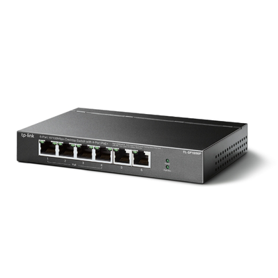 Switch PoE no Administrable de escritorio   6 puertos 10 100 Mbps   4 puertos PoE af at   Presupuesto 67 W   Modo Extensor hasta 250 m   Calidad video prioritaria
