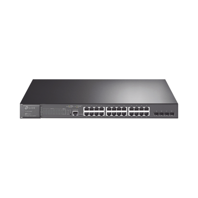 Switch L2+ Omada PoE+   24 Puertos PoE+ 10 100 1000 Mbps   4 Puertos SFP 1G   2 Puertos Consola (RJ45 y microUSB)   Administración Centralizada Omada o Stand-Alone   Multicast IGMP   Calidad de Servicio   Presupuesto PoE 384W   Montaje en Rack