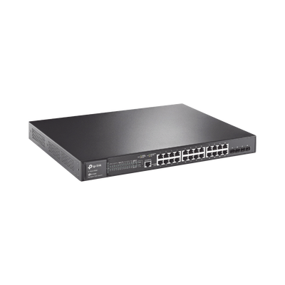 Switch L2+ Omada PoE+   24 Puertos PoE+ 10 100 1000 Mbps   4 Puertos SFP 1G   2 Puertos Consola (RJ45 y microUSB)   Administración Centralizada Omada o Stand-Alone   Multicast IGMP   Calidad de Servicio   Presupuesto PoE 384W   Montaje en Rack