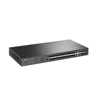 Switch de Fibra Óptica L2+ Omada   24 puertos SFP 1GE   4 Puertos Combinados SFP+ RJ45 Gigabit   2 Puertos Consola RJ45|micro-SUB   Administración Centralizada Omada o Stand-Alone   Compatile con IPv6    Multicast IGMP