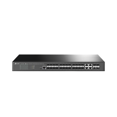 Switch de Fibra Óptica L2+ Omada   24 puertos SFP 1GE   4 Puertos Combinados SFP+ RJ45 Gigabit   2 Puertos Consola RJ45|micro-SUB   Administración Centralizada Omada o Stand-Alone   Compatile con IPv6    Multicast IGMP
