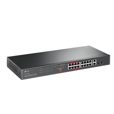 Switch PoE+ No Administrable de 16 puertos 10 100 Mbps   2 puertos 10 100 1000 Mbps en Combo con 2 Puertos SFP   Presuuesto PoE 250 W   Extensor PoE de hasta 250 metros
