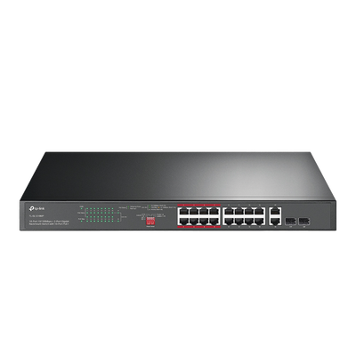 Switch PoE+ No Administrable de 16 puertos 10 100 Mbps   2 puertos 10 100 1000 Mbps en Combo con 2 Puertos SFP   Presuuesto PoE 250 W   Extensor PoE de hasta 250 metros