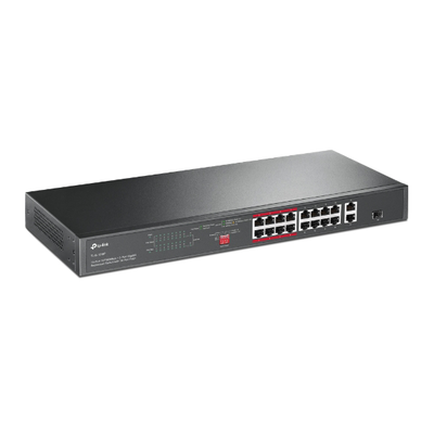 Switch PoE+ no Administrable 16 puertos 10 100 Mbps + 2 puertos 10 100 1000 Mbps + 1 puerto SFP, 8 puertos Extensor PoE (hasta 250 m), 150W, diseño para Vigilancia IP