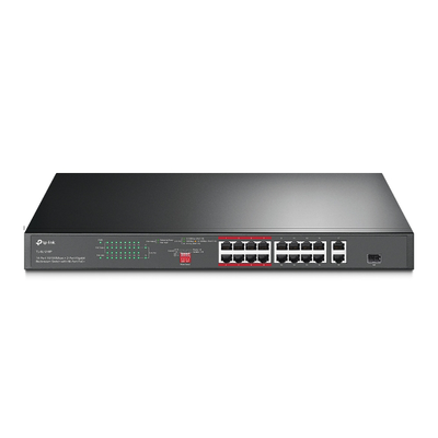 Switch PoE+ no Administrable 16 puertos 10 100 Mbps + 2 puertos 10 100 1000 Mbps + 1 puerto SFP, 8 puertos Extensor PoE (hasta 250 m), 150W, diseño para Vigilancia IP