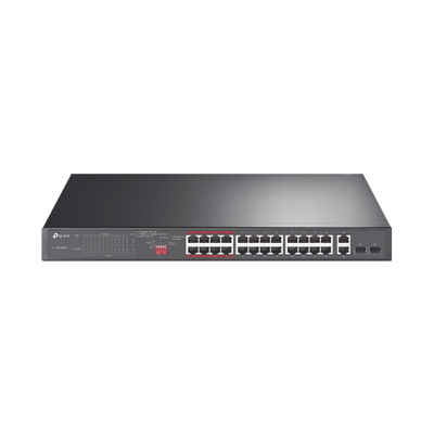 Switch No Administrable 24 Puertos PoE+ 10 100 Mbps   2 Puertos 10 100 1000 Mbps + 2 Puertos SFP (combo)   Modo Prioridad de Tráfico   Modo Aislamiento de Red   Presupuesto PoE de 250 W   Diseño para Ideal para Vigilancia IP