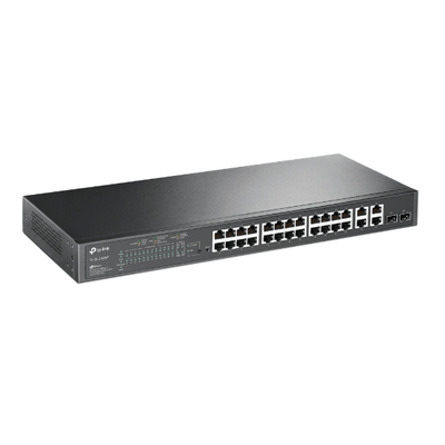 Switch PoE+ JetStream SDN Administrable 24 puertos 10 100 Mbps + 2 puertos 10 100 1000 Mbps (Uplink) + 2 puertos SFP (combo 2 RJ45 10 100 1000 Mbps), 250W, administración centralizada OMADA SDN