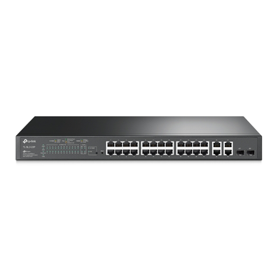 Switch PoE+ JetStream SDN Administrable 24 puertos 10 100 Mbps + 2 puertos 10 100 1000 Mbps (Uplink) + 2 puertos SFP (combo 2 RJ45 10 100 1000 Mbps), 250W, administración centralizada OMADA SDN