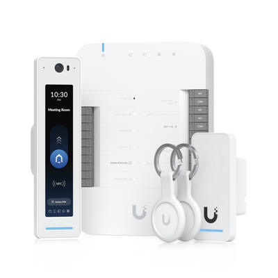 UniFi Access Kit de Inicio Gen2 Profesional para 1 puerta, (1) Lector NFC con pantalla táctil, audio 2 vías y cámara   (1) Lector NFC y de movimiento UA-G2   Hub para conexiones para controlar una puerta con salida POE y energizar acc