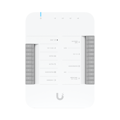 UniFi Access Hub Door, puede conectar 2 lectores y 2 cámaras (no incluidos) para controlar solo una puerta   2 terminales AUX y 4 entradas adicionales (sensores y botones) POE 802.3bt no incluido