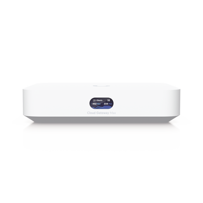 UniFi Cloud Gateway MAX, Router con todos los servicios UniFi, administra hasta 30 dispositivos UniFi y 300 clientes. 1 pto WAN 2.5G, 4 pts LAN 1G (uno configurable como WAN), seguridad IDS IPS, VPN, bloqueo de apps URLs, 512 GB memoria interna