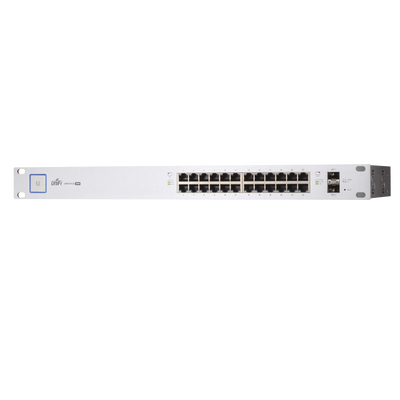 Switch PoE UniFi capa 2 Administrable de 26 puertos Gigabit (24 eth PoE y 2 SFP) 802.3 af at   Pasivo 24V, 500 Watts, throughput de 38.69 Mpps