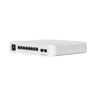 Switch UniFi Pro 8 PoE Administrable Capa 3, 8 puertos GbE   (6) puertos POE+ af at y (2) puertos POE++ 802.3bt   (2) puertos SFP+ 10G   120W de presupuesto POE