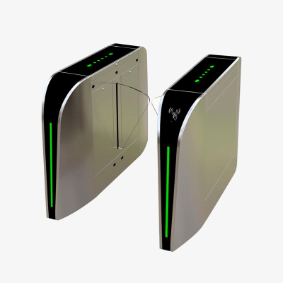 Puerta de cortesía tipo FLAP bidireccional   30 personas por minuto   Acabado de Lujo   Apertura en 1 segundo   Acero inoxidable   Indicadores LED   Alarma por acceso denegado